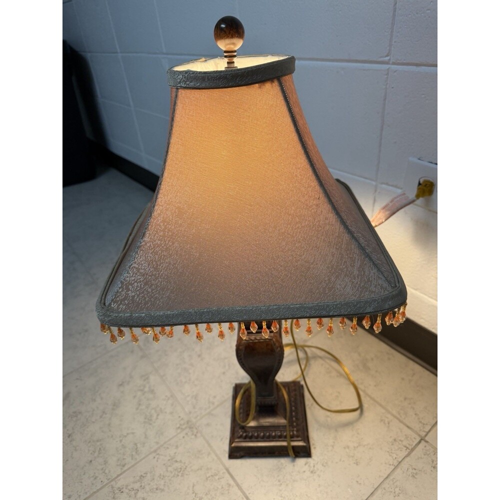 walter e smithe Tuscan Lamp With Amber Bead Trim Square Shade